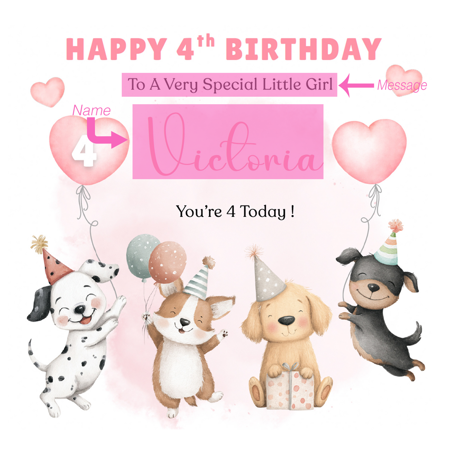 Personalised 4th Birthday Card for Girls – Cute Puppy Dogs Design with Custom Name and Message – Age 4 Years Old Birthday Card for Girls, Kids, Daughter, Granddaughter, Niece – Pink Envelope Included
