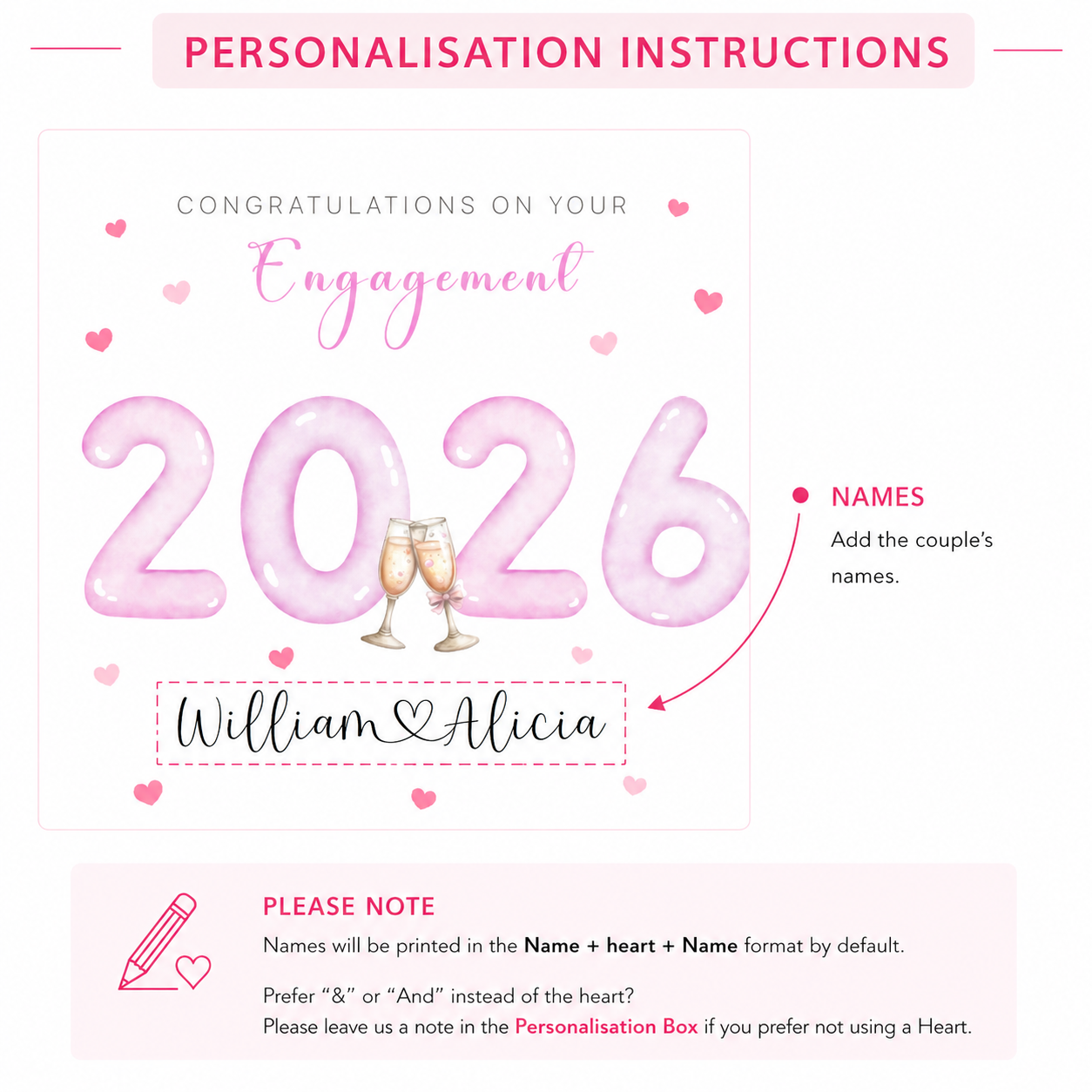 2026 Personalised Engagement Card with Custom Couple's Names – 2026 Champagne Toast Design - Congratulations Engagement Card for Newly Engaged Couples, Him or Her - Pink Envelope Included