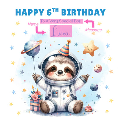 Personalised 6th Birthday Card for Boys – Cute Sloth Design with Custom Name and Message, Age 6 Years Old Birthday Card for Kids, Children, Boy, Son, Grandson, Nephew– Blue Envelope Included