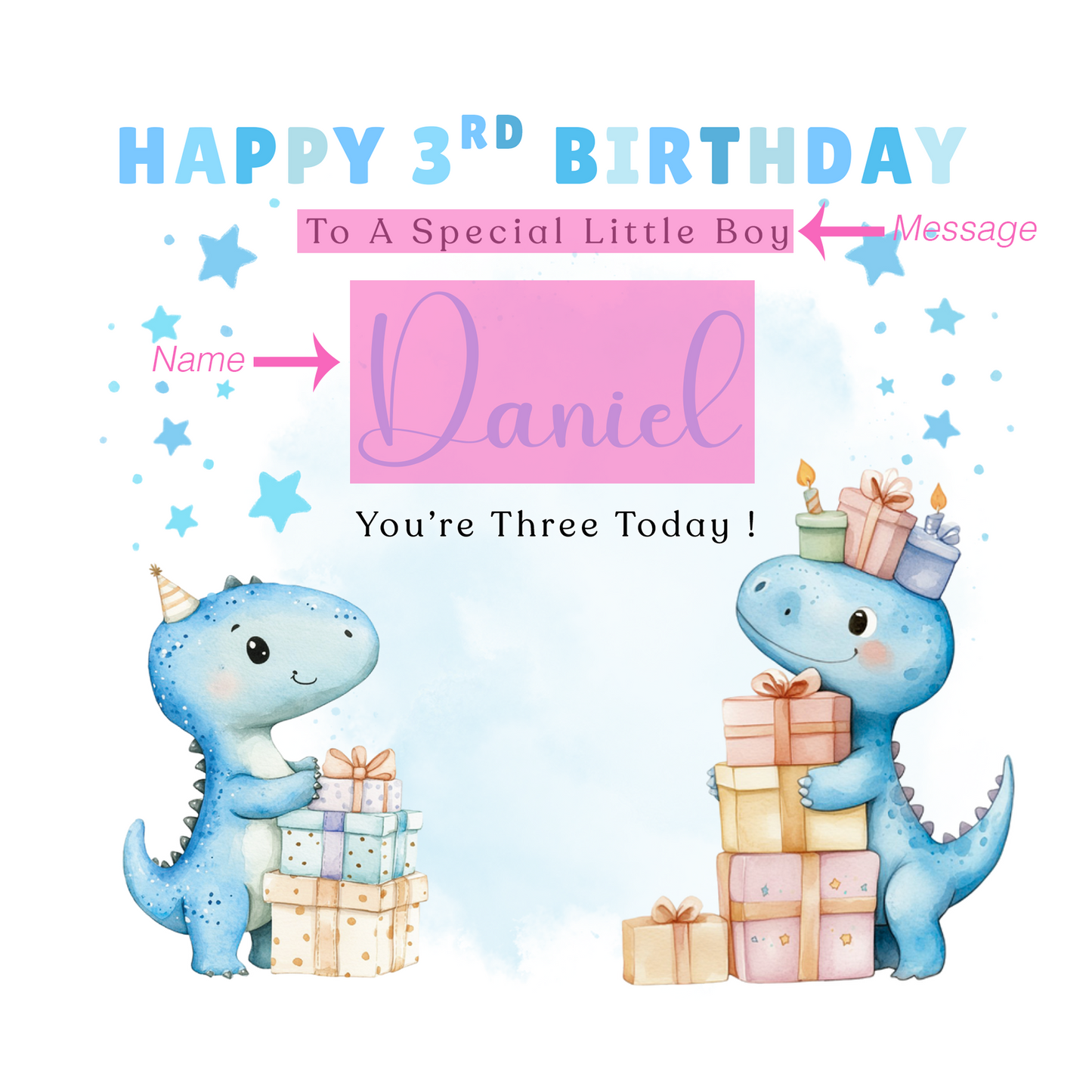 Personalised 3 Years Old 3rd Birthday Card for Toddler Boy – Cute Dinosaur Design with Custom Name & Message - Age 3 Year Old Birthday Card for Little One, Son, Grandson, Nephew with Blue Envelope
