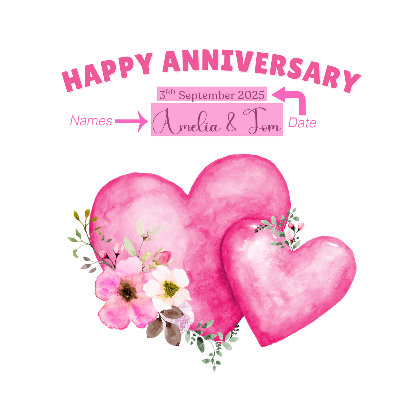 Personalized Wedding Anniversary Card – Two Pink Hearts & Floral Design with Customised Names and Date– for Couples, Husband, Wife, Relationship, Engagement, 1st Date – Pink Envelope Included