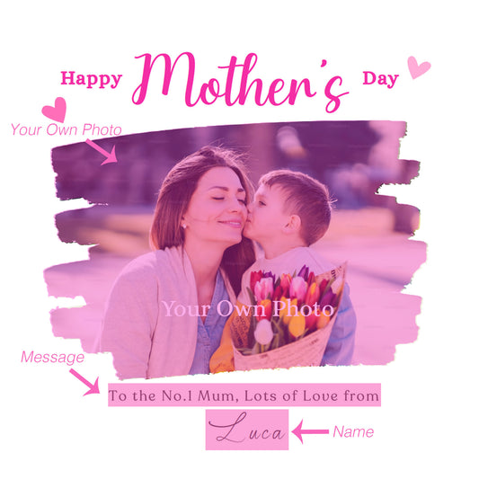 Personalised Photo Happy Mother's Day Card for Her, Mummy, Mama, Mum, Mother to be, Mum to be, Grandma, Wife from Children, Son, Daughter, Kids – Custom Name, Message & Photo -Pink Envelope Included