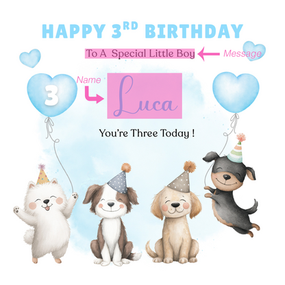 Personalised 3 Years Old 3rd Birthday Card for Toddler Boy – Puppy Dogs Design with Custom Name & Message - Age 3 Year Old Birthday Card for Little One, Son, Grandson Nephew with Blue Envelope