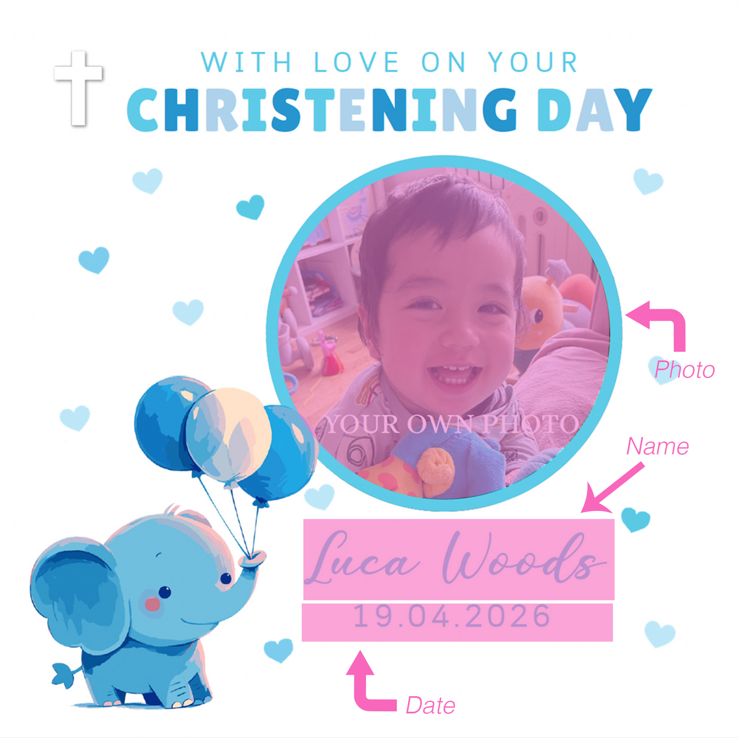 Personalised Photo Christening Card for Boy – Custom Baptism Card with Image, Name & Date -  Cute Blue Elephant Design – Baptism Card for Boys, Son, Grandson, Nephew with Blue Envelope