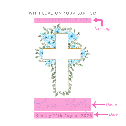 Personalised Christening Card for Boy – Custom Baptism Card with Message, Name & Date - Roses & Cross Design – Religious Baptism Card for Boys, Son, Grandson, Nephew with Blue Envelope