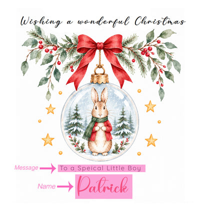 Personalised Christmas card for Boys – Red Bunny in a Christmas Bauble