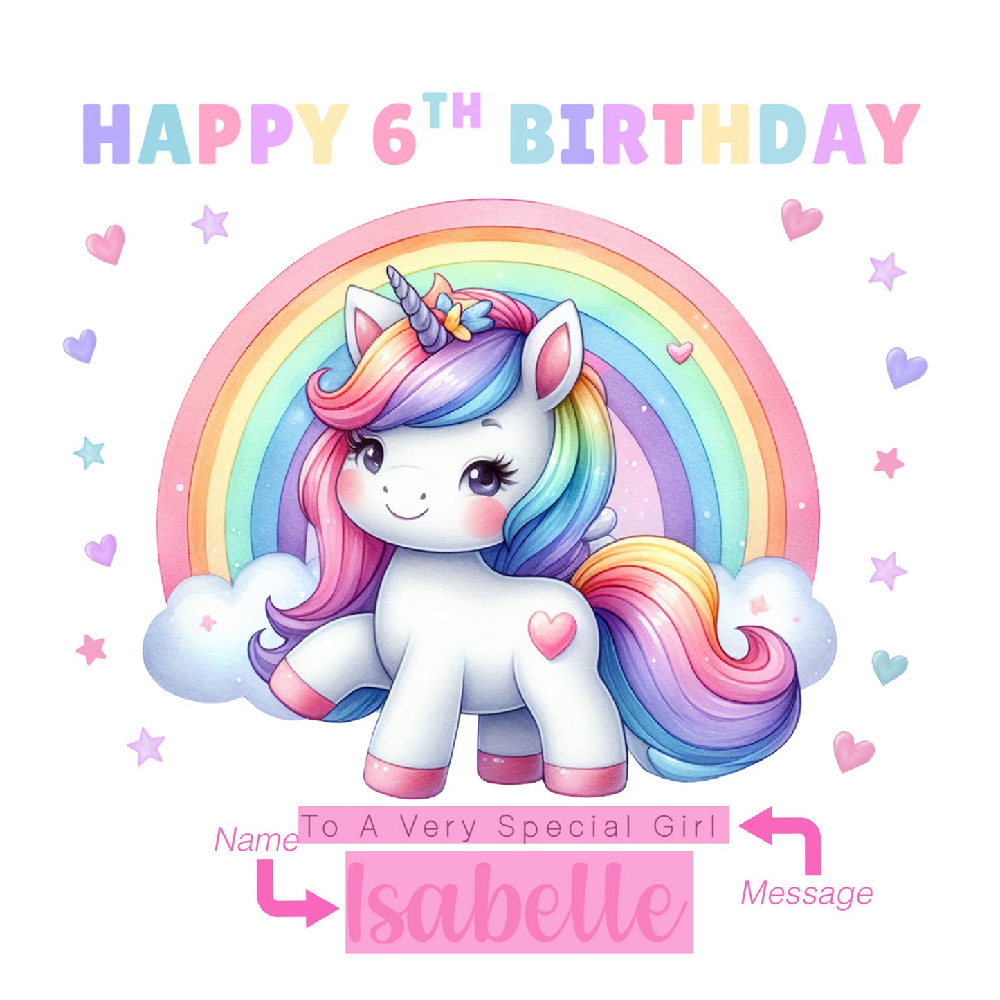 Personalised 6 Years Old 6th Birthday Card for Girls – Magical Unicorn Design with Custom Name & Message - Age 6 Birthday Card for Kids Children Daughter Granddaughter Niece - Purple Envelope Included