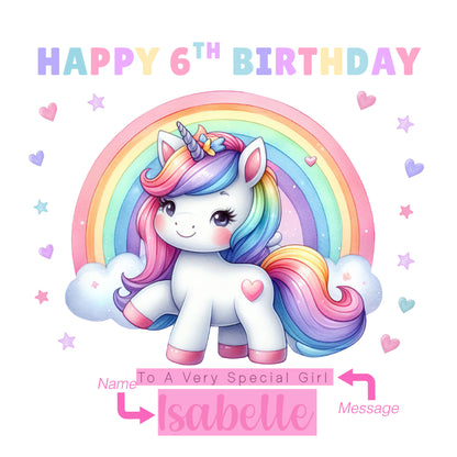 Personalised 6 Years Old 6th Birthday Card for Girls – Magical Unicorn Design with Custom Name & Message - Age 6 Birthday Card for Kids Children Daughter Granddaughter Niece - Purple Envelope Included