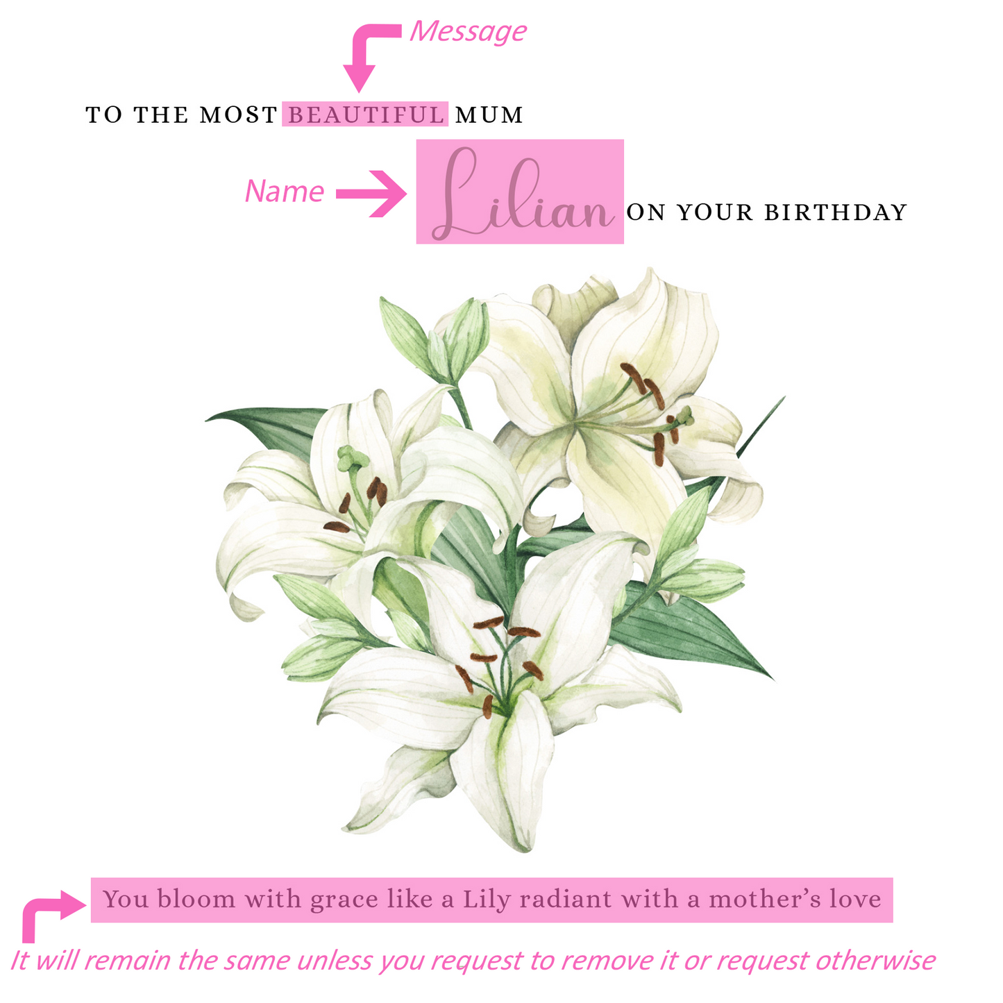 Personalised Mum Birthday Card – Elegant Lily Flower Design – Custom Name & Message – Handmade Floral Watercolour Card for Mother, Mummy, Mam – Green Envelope Included
