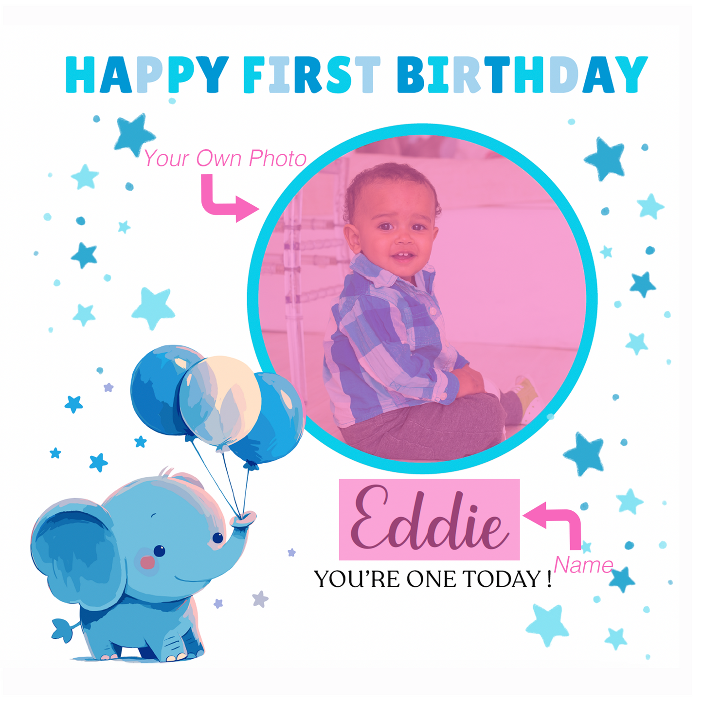 Personalised Photo 1st Birthday Card for Baby Boy – Cute Blue Elephant with Custom Photo and Name, One Year Old First Birthday Card for Son, Grandson, Nephew –  Blue Envelope Included
