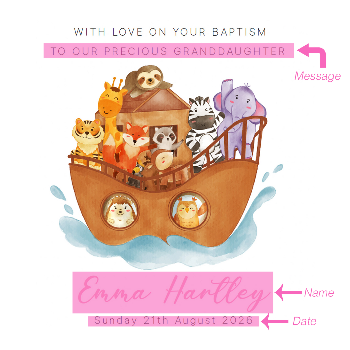 Personalised Christening Card for Girl – Custom Baptism Card with Message, Name & Date - Noah’s Ark Design – Religious Baptism Card for Girls, Daughter, Granddaughter, Niece with Pink Envelope