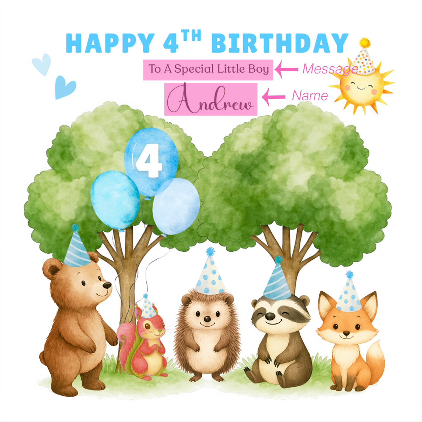 Personalised 4 Years Old 4th Birthday Card for Boys– Forest Animal Design with Custom Name & Message - Age 4 Woodland Birthday Card for Kids, Children, Son, Grandson Nephew with Blue Envelope