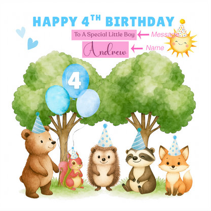 Personalised 4 Years Old 4th Birthday Card for Boys– Forest Animal Design with Custom Name & Message - Age 4 Woodland Birthday Card for Kids, Children, Son, Grandson Nephew with Blue Envelope