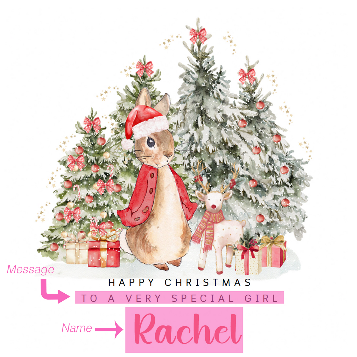 Personalised Christmas Card for Girls – Red Rabbit and Christmas Trees