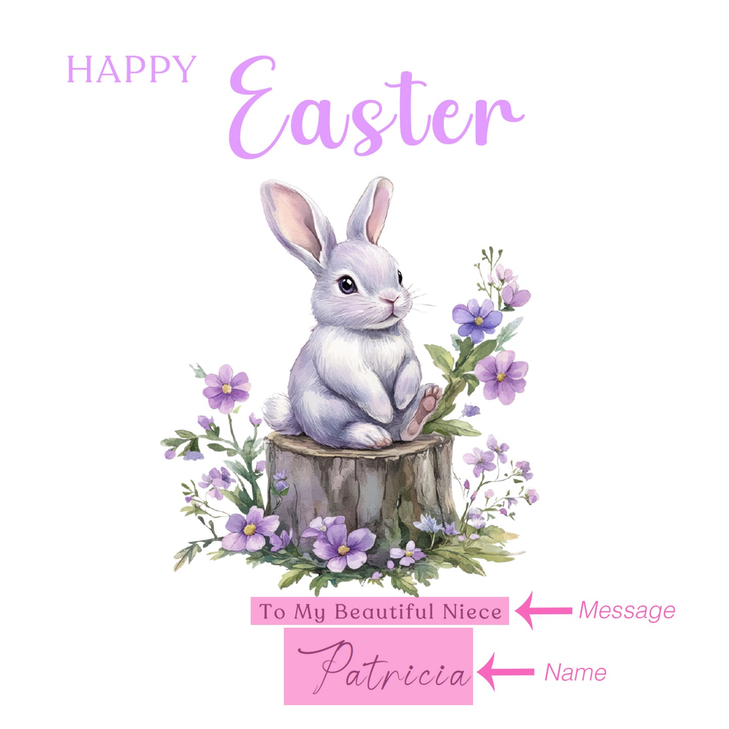 Personalised Happy Easter Card with Custom Name and Message - Purple Bunnies with Spring Flowers Design for Her, Mum, Grandma, Auntie, Daughter, Granddaughter, Niece, Girls – Purple Envelope Included