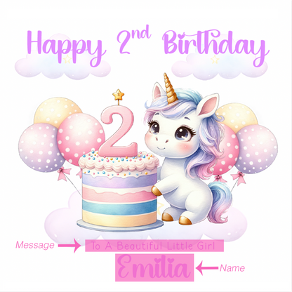 Personalised 2 Years Old 2nd Birthday Card for Toddler Girl – Unicorn Design with Custom Name & Message - Pastel Two years old Birthday Card for Daughter, Granddaughter, Niece with Purple Envelope