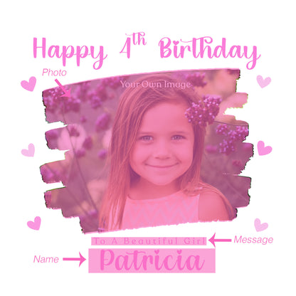 Personalised Photo 4 Years Old 4th Birthday Card for Girls – Brush-Stroke Photo Frame with Custom Name & Message - Age 4 Magical Birthday Card for Kids Daughter Granddaughter Niece with Pink Envelope