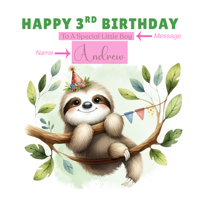Personalised Age 3 Years Old 3rd Birthday Card for Boys or Girls – Sloth Jungle Animal Design with Custom Name & Message - for Little One, Grandson, Granddaughter, Nephew, Niece with Green Envelope