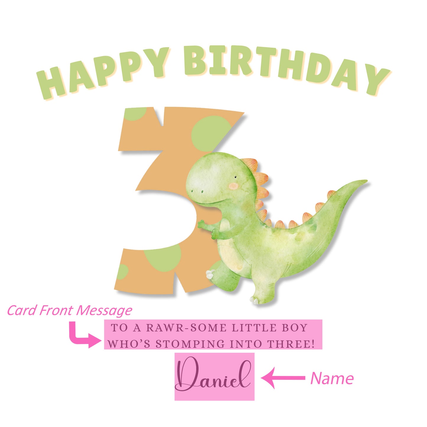 Dinosaur -Personalised Watercolour Effect 3 Year Birthday Folded Card for Boys, Custom Name and Message Three-Year-Old Happy 3rd Birthday Card, Customisable Birthday Card for Children
