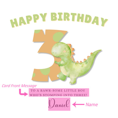 Dinosaur -Personalised Watercolour Effect 3 Year Birthday Folded Card for Boys, Custom Name and Message Three-Year-Old Happy 3rd Birthday Card, Customisable Birthday Card for Children
