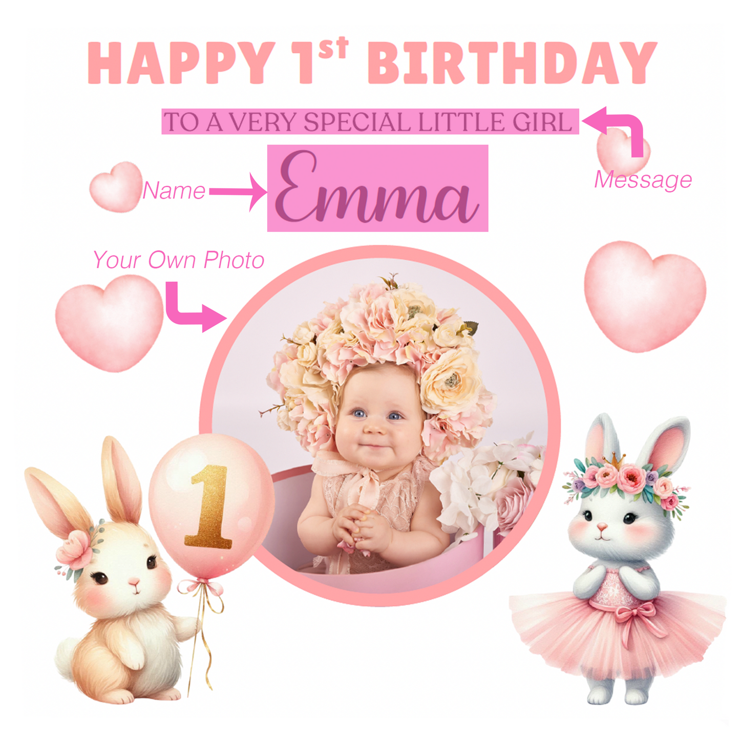 Personalised Photo 1st Birthday Card for Baby Girl – Cute Rabbit Design with Custom Photo, Name and Message– One Year Old First Birthday Card for Daughter,Granddaughter, Niece – Pink Envelope Included