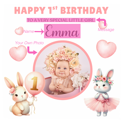 Personalised Photo 1st Birthday Card for Baby Girl – Cute Rabbit Design with Custom Photo, Name and Message– One Year Old First Birthday Card for Daughter,Granddaughter, Niece – Pink Envelope Included