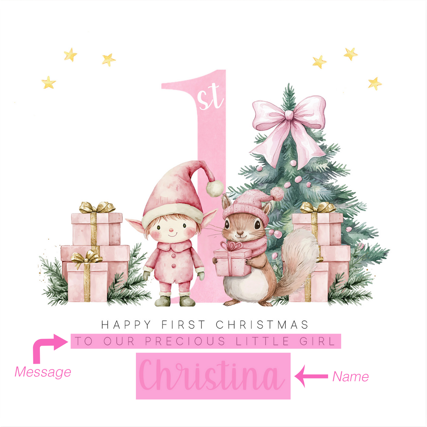 Personalised 1st Christmas Card for Girls – Pink Elf & Squirrel Design with Customised Name & Message,First Xmas Card for Baby Girl, Daughter, GrandDaughter, Niece, Little One - Pink Envelope Included