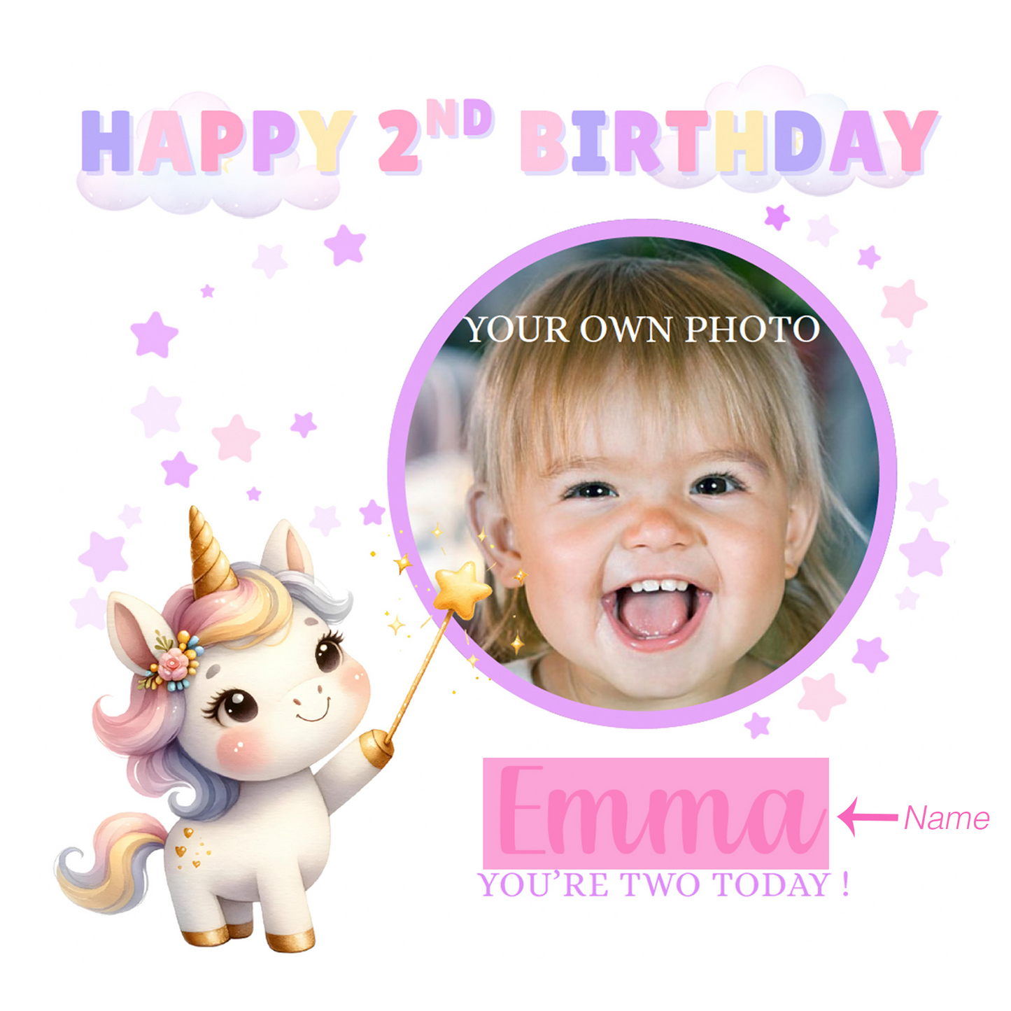 Personalised Photo 2 Years Old 2nd Birthday Card for Toddler Girl – Unicorn Design with Custom Photo & Name - Age 2 Year Old Birthday Card for Daughter, Granddaughter, Niece with Purple Envelope