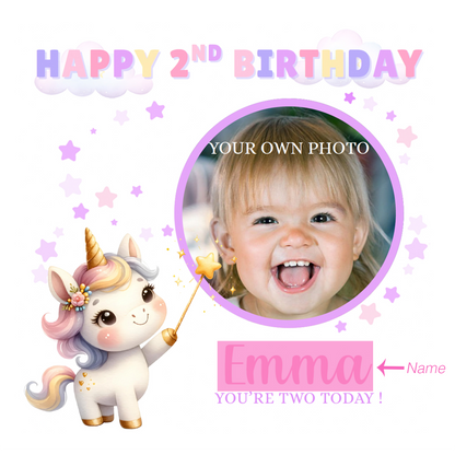 Personalised Photo 2 Years Old 2nd Birthday Card for Toddler Girl – Unicorn Design with Custom Photo & Name - Age 2 Year Old Birthday Card for Daughter, Granddaughter, Niece with Purple Envelope