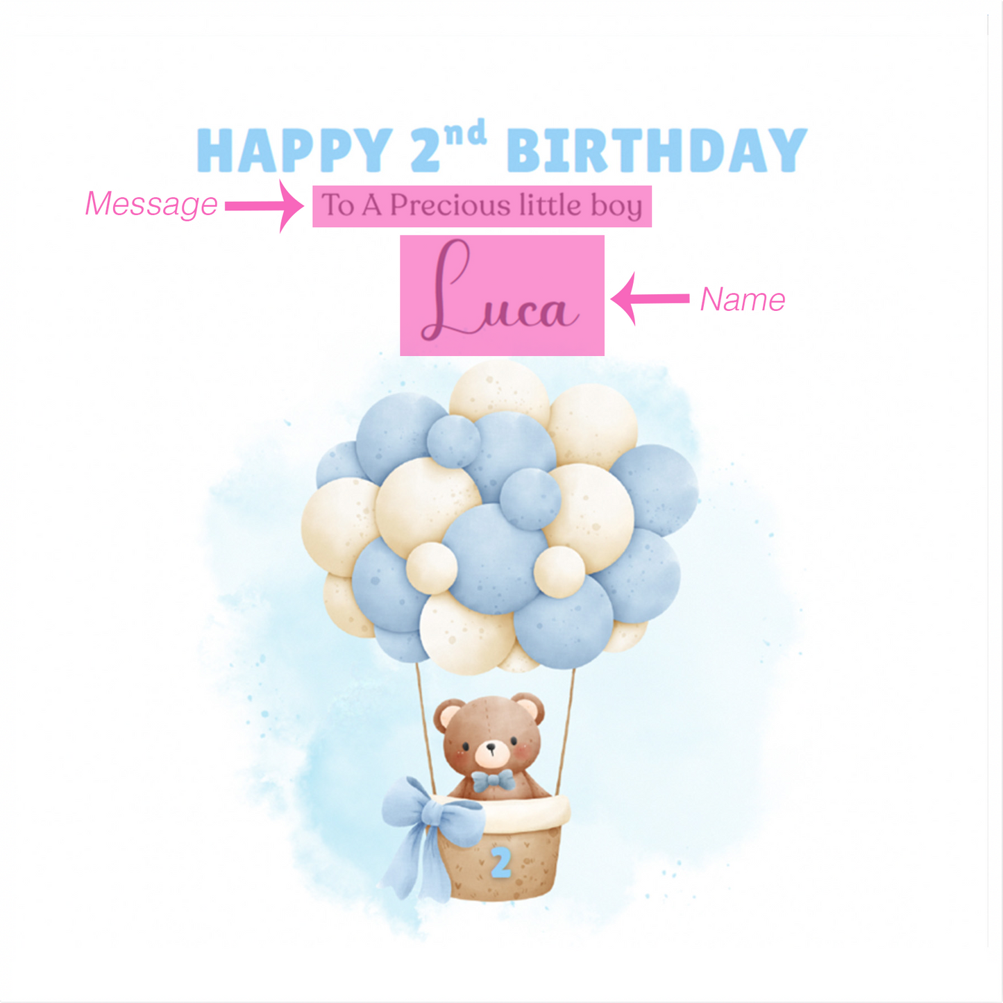 Personalised 2 Years Old 2nd Birthday Card for Toddler Boy – Cute Teddy Bear Design with Custom Name & Message - Two years old Birthday Card for Son, Grandson Nephew with Blue Envelope