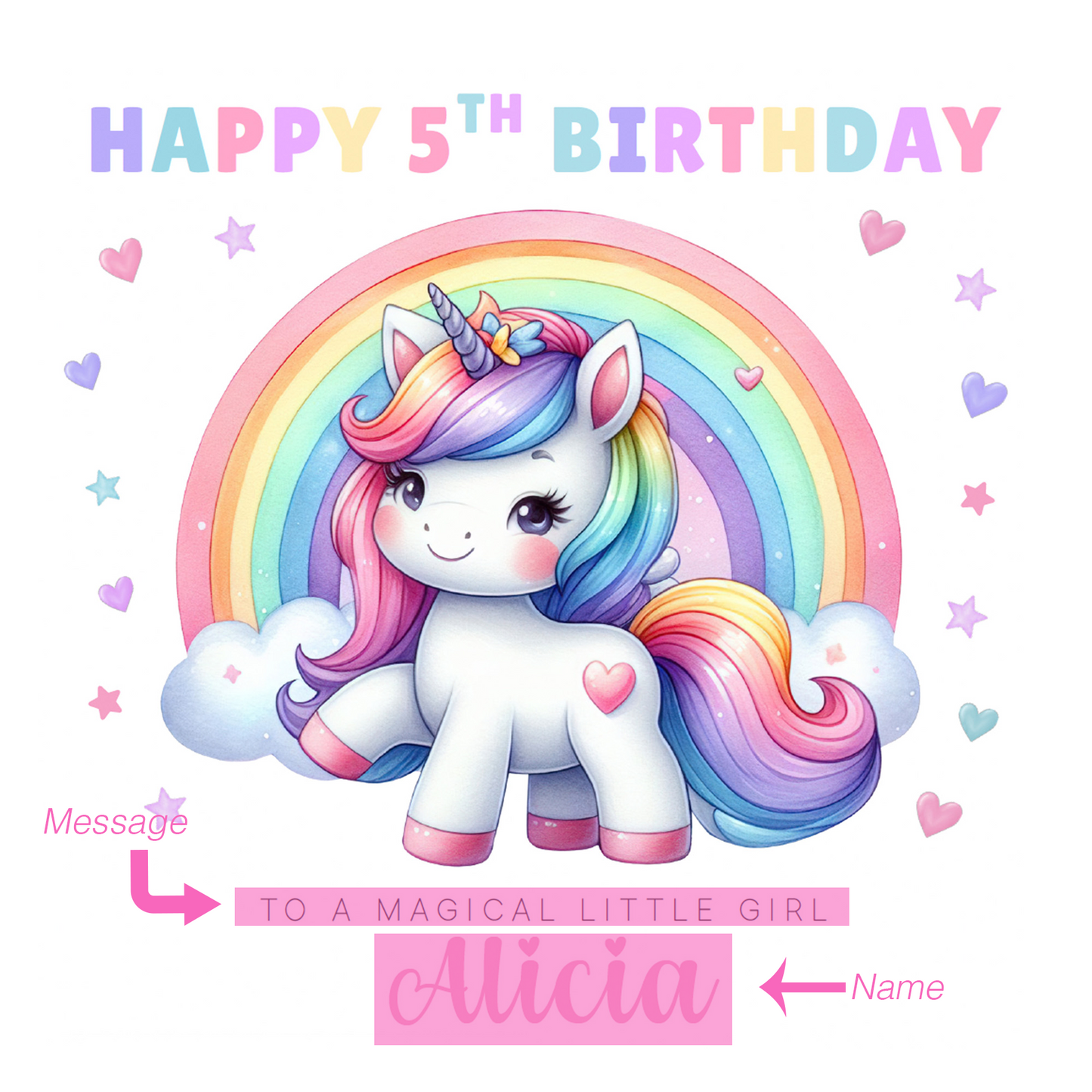 Personalised 5 Years Old 5th Birthday Card for Girls – Magical Unicorn Design with Custom Name & Message - Age 5 Birthday Card for Kids Children Daughter Granddaughter Niece - Purple Envelope Included