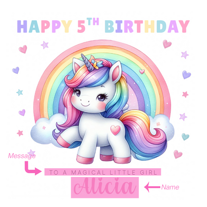 Personalised 5 Years Old 5th Birthday Card for Girls – Magical Unicorn Design with Custom Name & Message - Age 5 Birthday Card for Kids Children Daughter Granddaughter Niece - Purple Envelope Included