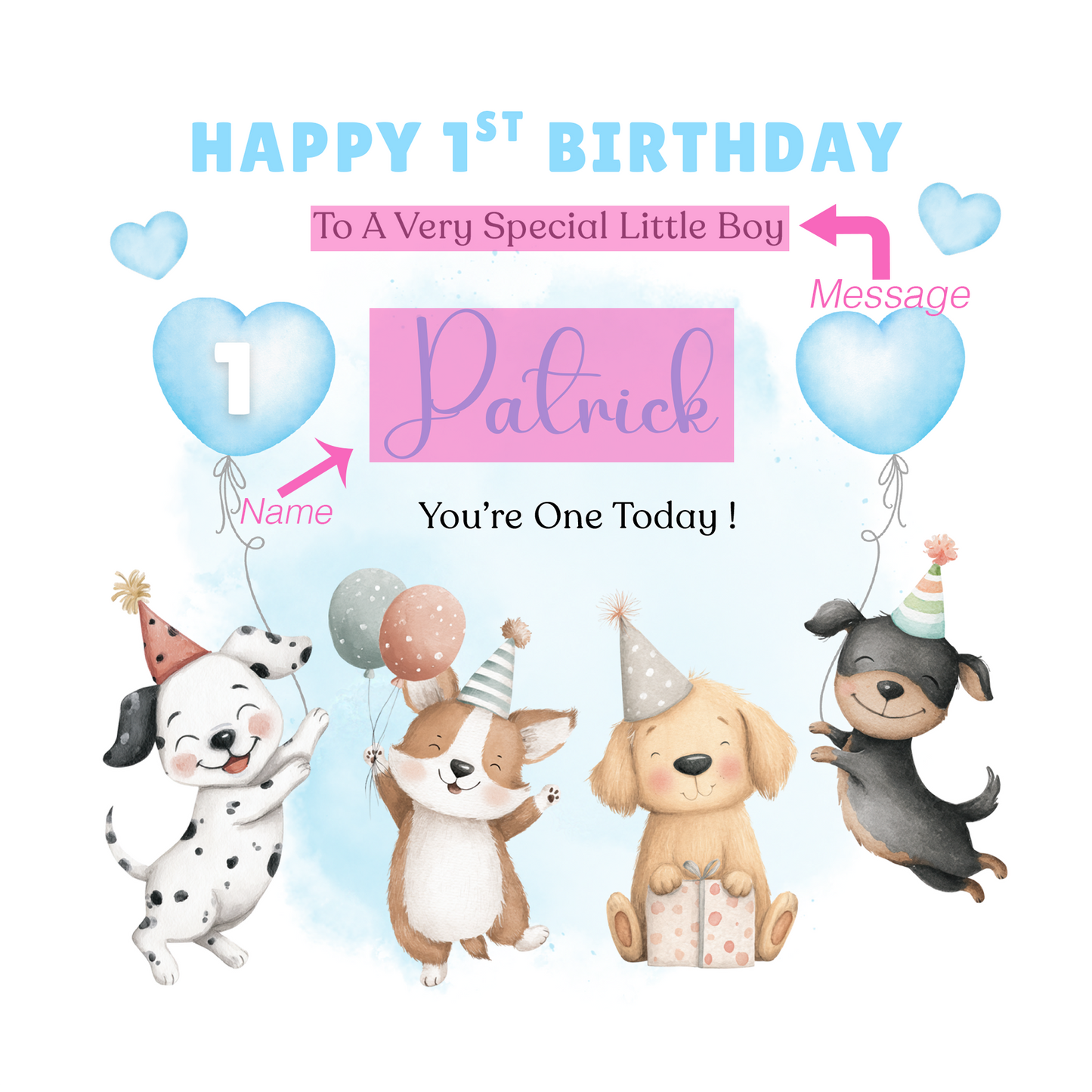 Personalised 1st Birthday Card for Baby Boy – Cute Puppy Dogs Design with Custom Name and Message, Watercolour First Birthday Card for Boy, Son, Grandson, Nephew– Blue Envelope Included
