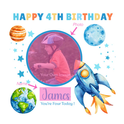 Personalised Photo 4th Birthday Card for Boys – Space-Themed Design with Custom Name and Message, Age 4 Years Old Birthday Card for Kids, Children, Boy, Son, Grandson, Nephew – Blue Envelope Included