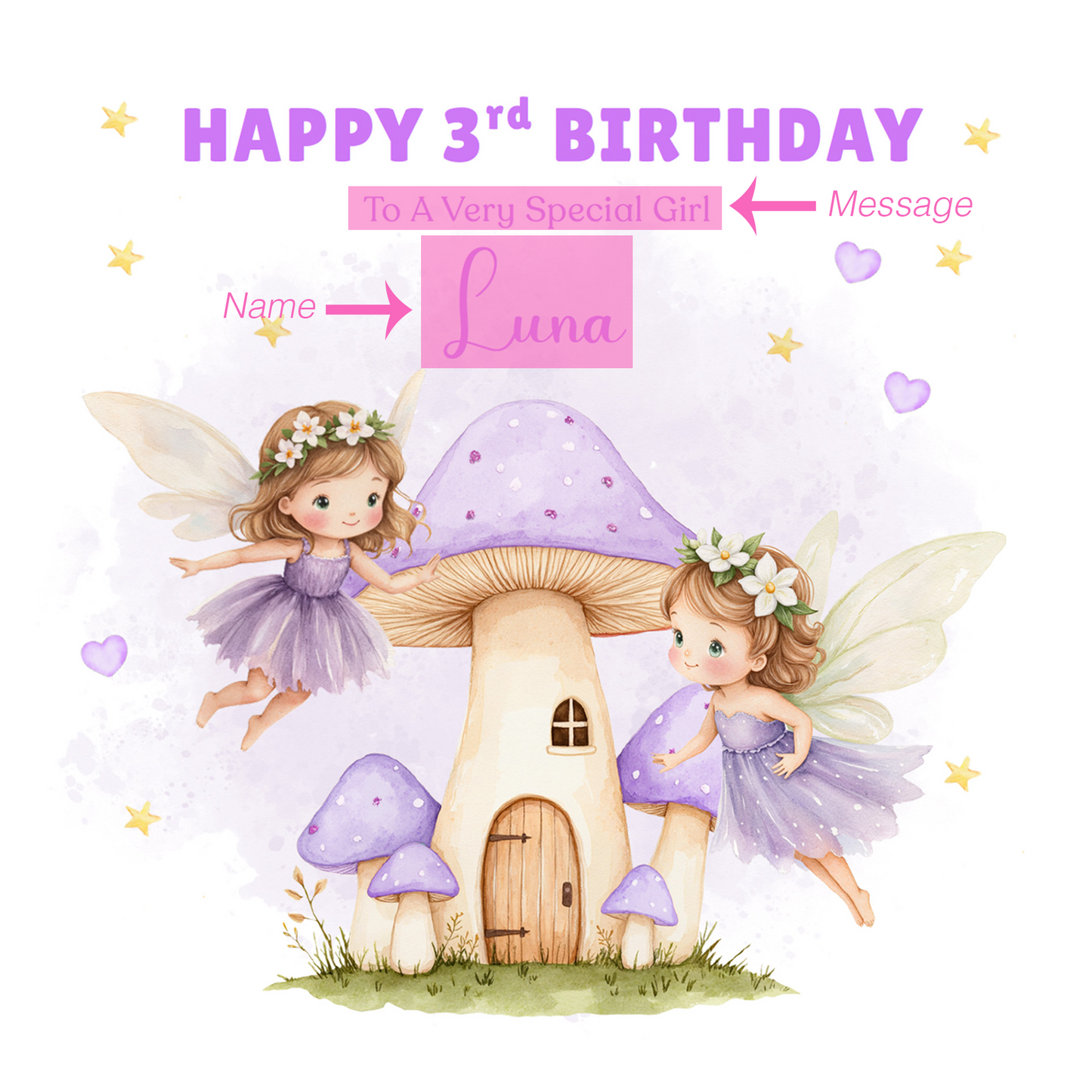 Personalised 3 Years Old 3rd Birthday Card for Toddler Girl – Purple Fairy Design with Custom Name & Message - Age 3 Year Old Birthday Card for Girls, Daughter, Granddaughter, Niece with Purple Envelope