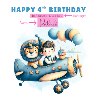 Personalised 4th Birthday Card for Boys – Lion & Aeroplane Design with Custom Name and Message, Age 4 Years Old Birthday Card for Kids, Children, Boy, Son, Grandson, Nephew– Blue Envelope Included