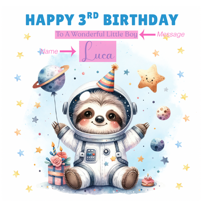 Personalised Age 3 Years Old 3rd Birthday Card for Toddler Boy – Space Sloth Astronaut Planets Animal Design with Custom Name & Message - For Little One, Son, Grandson Nephew with Blue Envelope