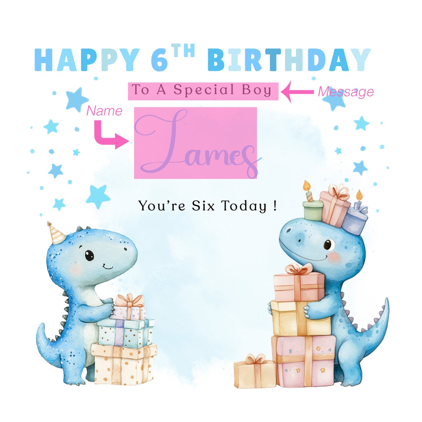 Personalised 6th Birthday Card for Boys – Cute Dinosaurs Design with Custom Name and Message – Age 6 Years Old Birthday Card for Boys, Kids, Son, Grandson, Nephew – Blue Envelope Included