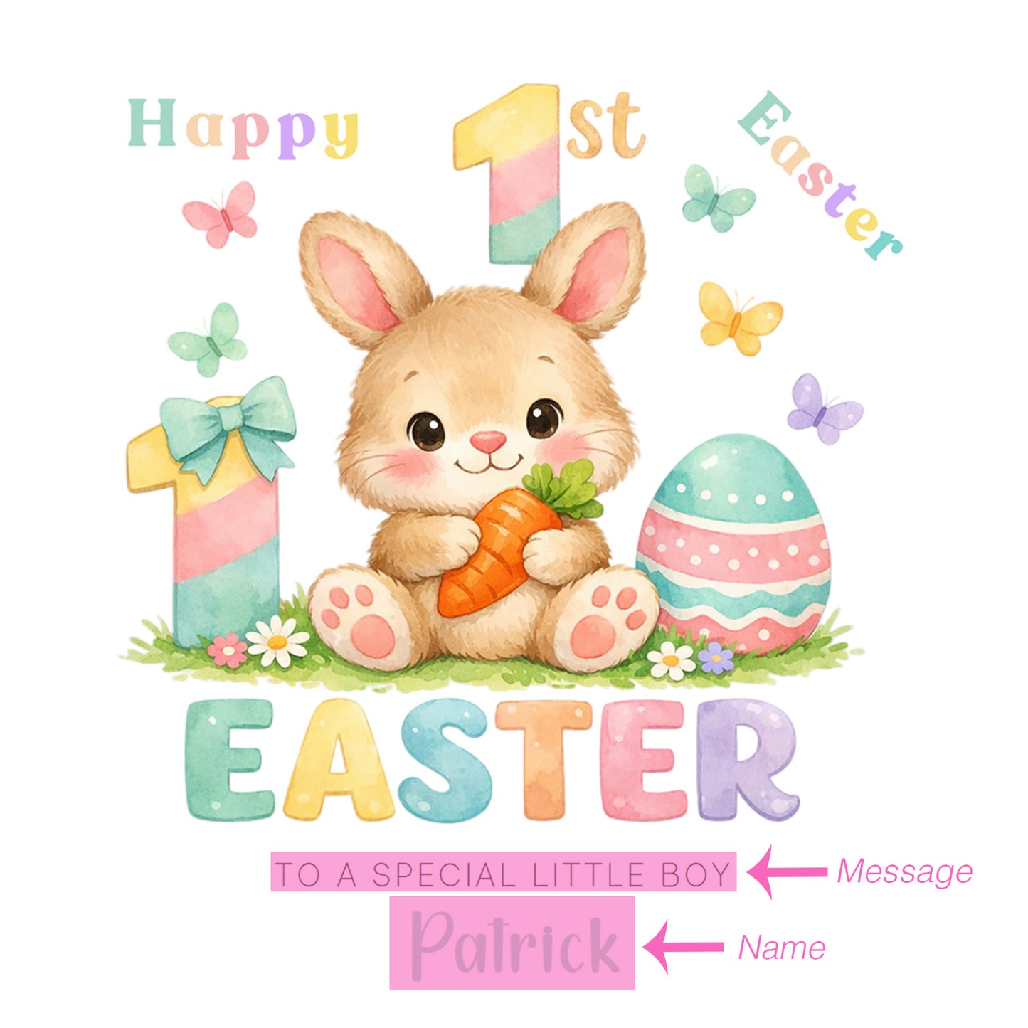 Personalised 1st Happy Easter Card for Baby Girl, Baby Boy with Custom Name and Message - Bunny  Design - Rabbit First Easter Card for Grandkids, Nephew, Niece, Kids, Little One with Green Envelope