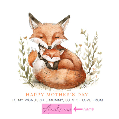 Personalised Happy Mother's Day Card with Custom Name for Mummy, Mama, Mother to be, Step-Mum, Grandma from Children, Son & Daughter – Adorable Fox Mum & Kid - Brown Kraft Envelope Included