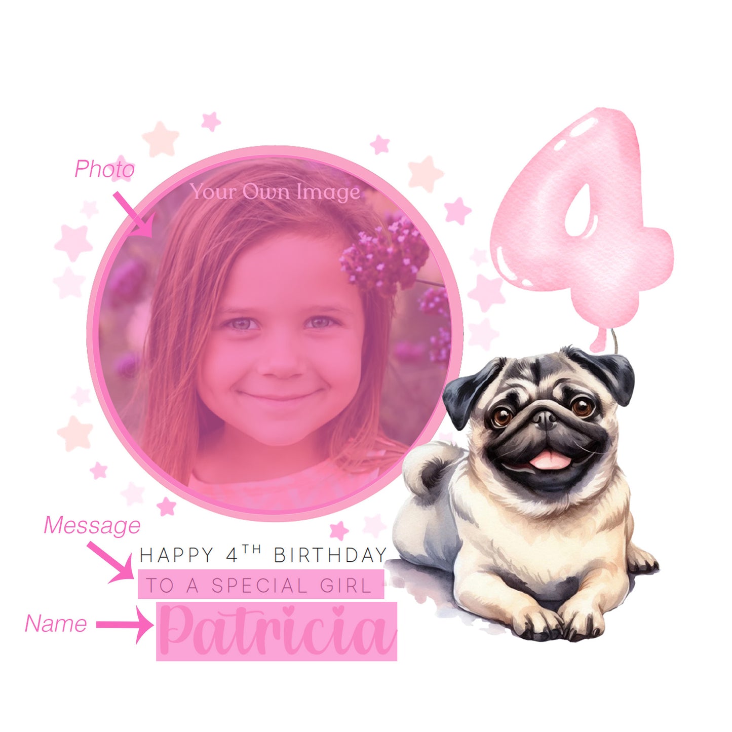 Personalised Photo 4 Years Old 4th Birthday Card for Girls – Pug Dog Design with Custom Name & Message - Age 4 Magical Birthday Card for Dog Lover, Kids Daughter Granddaughter Niece with Pink Envelope