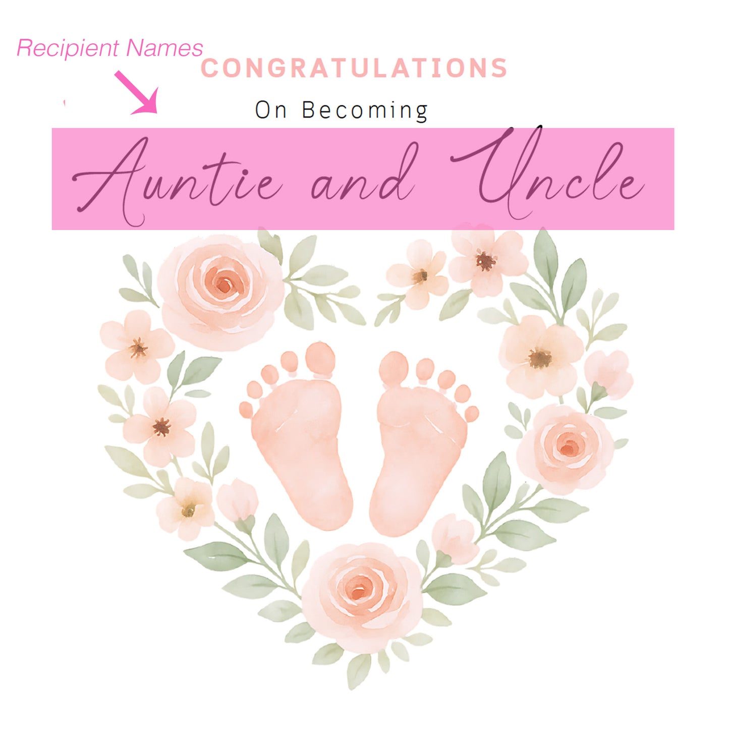 Personalised New Baby Girl Card – Congratulations On Becoming Mum, Dad, Brother, Sister or Grandparents – Custom Recipient Names Card for New Role – Pink Floral Baby Feet design with Pink Envelope