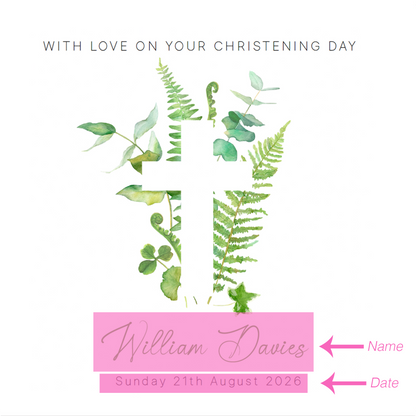 Personalised Christening Card for Boys or Girls – Green Botanical Cross Design with Custom Name and Date - Baptism Card for Son, Daughter, Grandson, Granddaughter, Nephew, Niece with Green Envelope