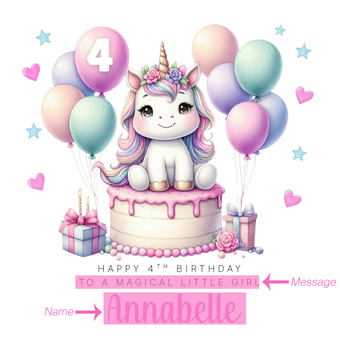 Personalised 4 Years Old 4th Birthday Card for Girls – Cute Unicorn Design with Custom Name & Message - Age 4 Magical Birthday Card for Kids Children Daughter Granddaughter Niece with Pink Envelope