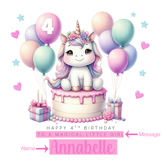 Personalised 4 Years Old 4th Birthday Card for Girls – Cute Unicorn Design with Custom Name & Message - Age 4 Magical Birthday Card for Kids Children Daughter Granddaughter Niece with Pink Envelope