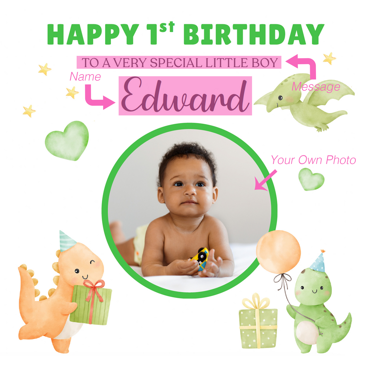 Personalised Photo 1st Birthday Card for Baby Boy – Cute Dinosaur with Custom Photo, Name and Message, First Birthday Card for Son, Grandson, Nephew – Green Envelope Included