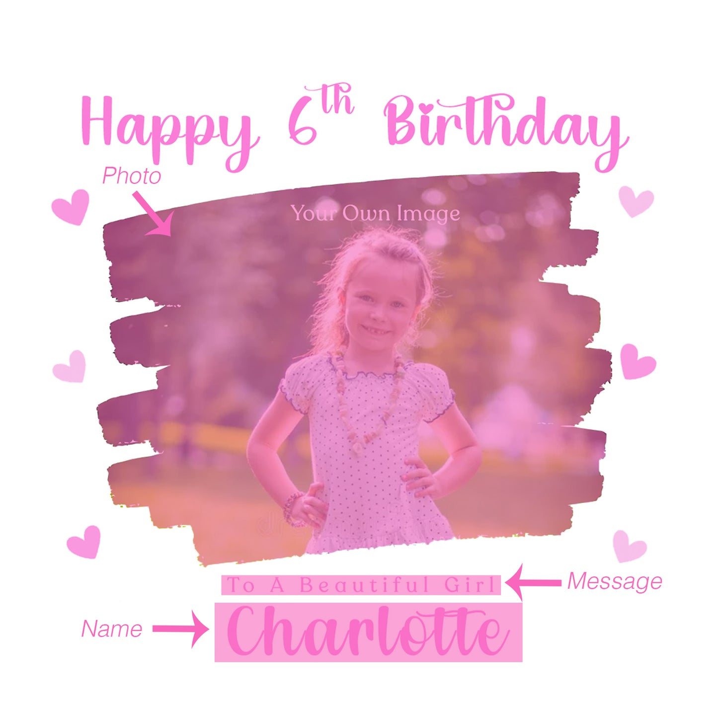 Personalised Photo 6 Years Old 6th Birthday Card for Girls – Brush-stroke Photo Frame with Custom Name & Message - Age 6 Birthday Card for Kids Daughter Granddaughter Niece - Pink Envelope Included