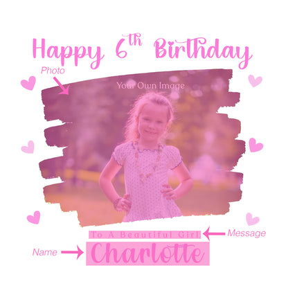 Personalised Photo 6 Years Old 6th Birthday Card for Girls – Brush-stroke Photo Frame with Custom Name & Message - Age 6 Birthday Card for Kids Daughter Granddaughter Niece - Pink Envelope Included
