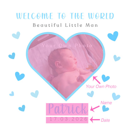 Personalised Photo New Baby Boy Card Congratulations for Newborn Boy, Welcome To The World Card, Baby Shower for Son, Grandson, Nephew, Heart Design with Custom Name, Date and Photo with Blue Envelope