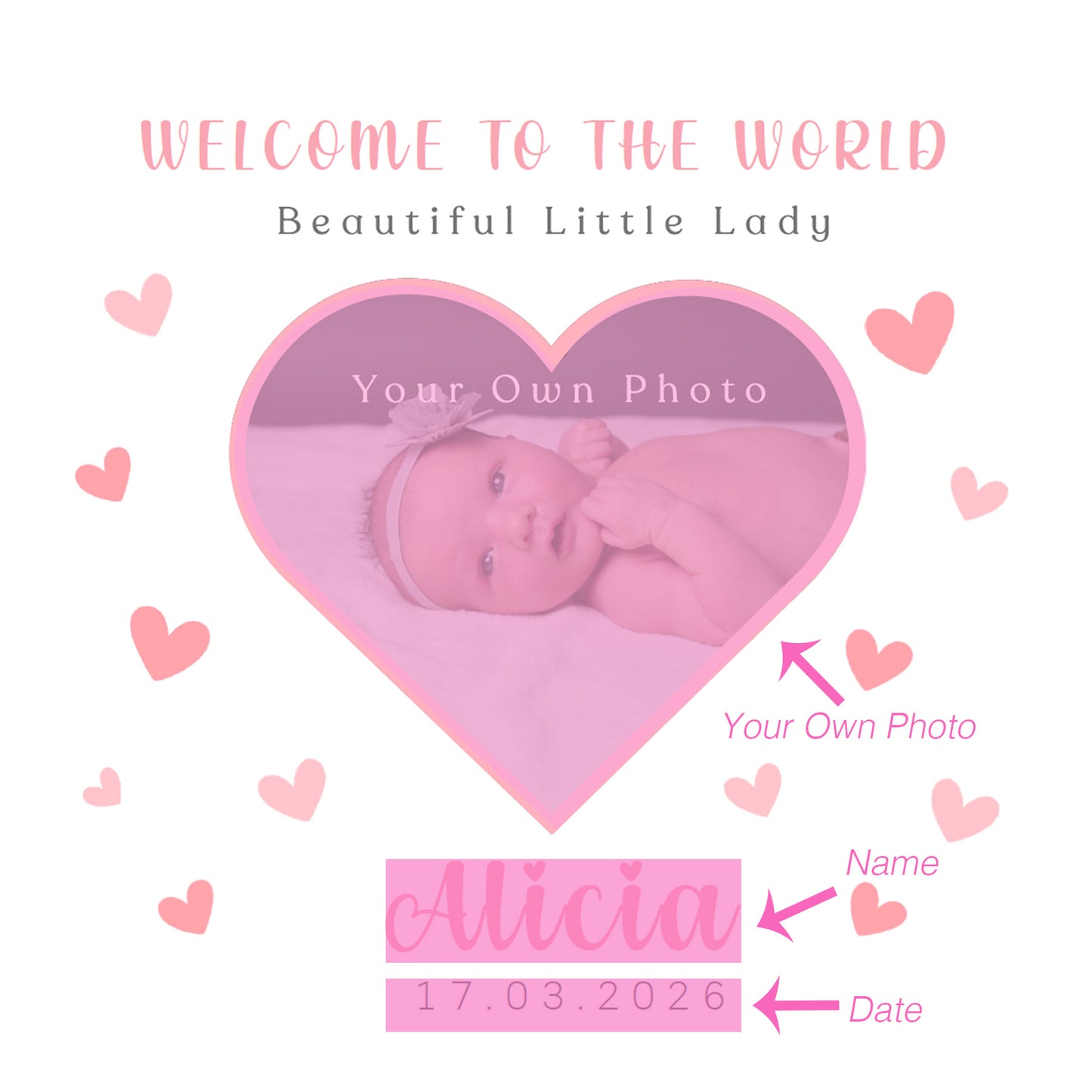 Personalised Phoro New Baby Girl Card Congratulations for Newborn Daughter, Granddaughter, Niece - Welcome To The World Card with Heart Frame Design - Custom Photo, Name & Date with Pink Envelope